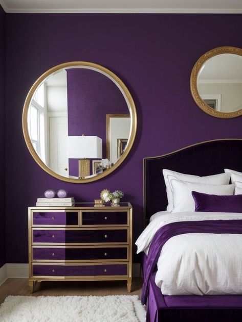 Create a stunning focal point with a purple accent wall. Add a plush velvet chair and a gold-framed mirror for a touch of elegance and sophistication. Softboard Ideas, Purple And Gold Bedroom, Purple Accent Wall, Grey And Gold Bedroom, Theme Bedroom, Gold Rooms, Purple Bedrooms, Gold Framed Mirror, Gold Bedroom