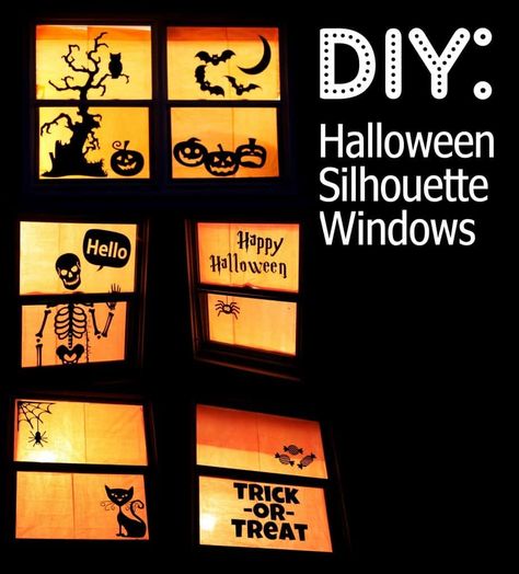 Halloween Window Silhouettes, Window Silhouette, Orange Tissue Paper, Soirée Halloween, Halloween Silhouette, Halloween Window Decorations, Hantverk Diy, Image Halloween, Casa Halloween