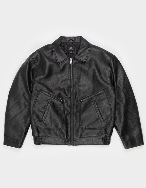 Bdg Urban Outfitters Side Pocket Faux Leather Jacket. Zip-Up Front Closure. Slant Front Hand Pockets With Additional Zip-Up Pockets. Traditional Collar Neck. Cuffed Long Sleeves. Elastic At Sides. Quilted Lining. Face: Polyurethane. Back: 89% Polyester 10% Cotton 1% Viscose. Filling: 100% Polyester. Machine Wash. Do Not Dry Or Iron. Imported. Urban Fitted Leather Jacket With Pockets, Fitted Leather Jacket With Pockets For Streetwear, Urban Black Leather Jacket With Pockets, Fitted Black Urban Leather Jacket, Masculine Fitted Black Leather Jacket, Faux Leather Jacket Men, Overalls Boys, Chino Pants Women, Wwe T Shirts