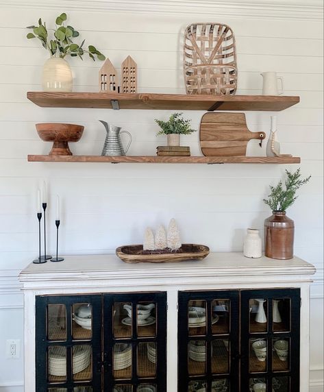 Dining room shelf styling. We love neutral styles and adding old decor with new! Follow me in the @LIKEtoKNOW.it shopping app to shop this post and get my exclusive app-only content! #liketkit #StayHomeWithLTK #LTKhome #LTKunder50 @liketoknow.it http://liketk.it/366f2 Dining Room Buffet Table, Diy Floating Shelves, Buffet Table Decor, Dining Room Shelves, Dining Room Updates, Sideboard Decor, Kitchen Shelf Decor, Buffet Decor, Dining Room Hutch