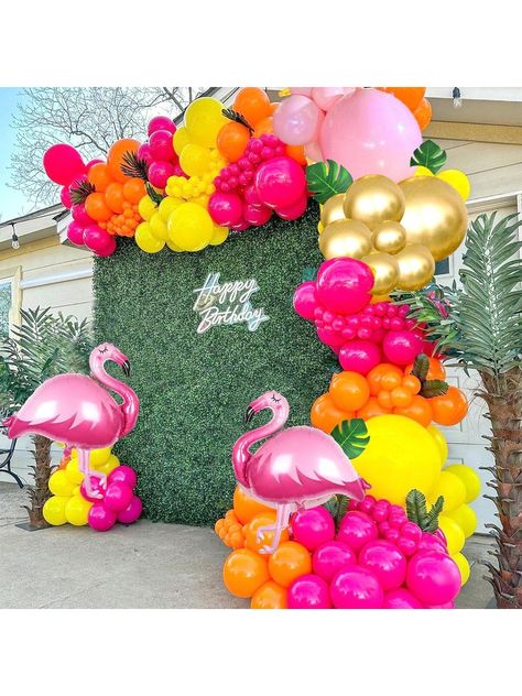 125pcs/Set Tropical Balloon Arch Flower Garland, Including Pink Flamingo, Hot Pink, Rose Red, Orange Balloons And Palm Leaves, Suitable For Hawaiian Beach Tropical Party Decorations And Summer Birthday Supplies, Baby Shower, Birthday Pool Party Decor, Flamingo Themed Birthday Multicolor    PE     Event & Party Supplies, size features are:Bust: ,Length: ,Sleeve Length: Tropical Balloon Arch, Flamingo Themed Party, Tropical Party Decorations, Flamingo Birthday Party, Luau Birthday Party, Orange Balloons, Flamingo Theme, Orange Party, Fiesta Tropical