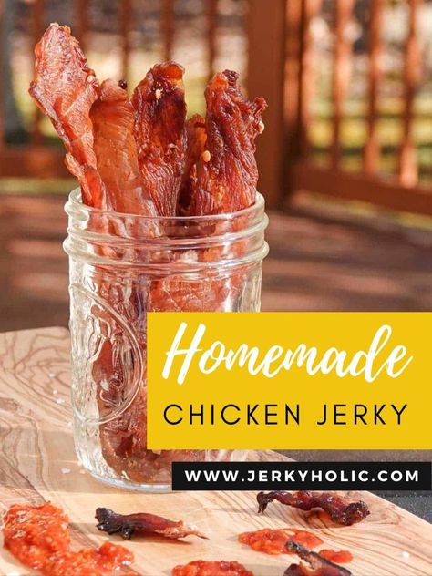 Chicken Jerky in a glass jar on a sunlight lit deck. Jerky Recipes Dehydrator, Jerkey Recipes, Jerky Marinade, Homemade Beef Jerky, Pork Jerky, Dehydrated Chicken, Jerky Recipe, Making Jerky, Turkey Jerky