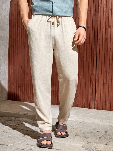 Beige Casual Collar  Fabric Plain Tapered/Carrot Embellished Non-Stretch Spring/Summer Men Bottoms Mens Linen Pants, Drawstring Waist Pants, Straight Fit Pants, Mens Linen, Beach Pants, Summer Pants, Trouser Style, Casual Black, Camisa Polo