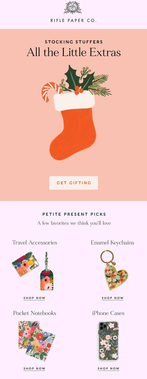 Rifle Paper Co. Holiday Stocking stuffer email #animation #digital #email #christmas Christmas Email Campaign, Holiday Gift Guide Email Design, Gift Guide Email Design, Christmas Email Marketing, Christmas Email Design, Holiday Email Design, Christmas Sale Email, Email Animation, Holiday Email Campaigns