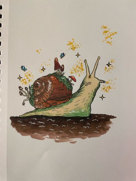 Quick snail and mushroom sketch finished eith pen and alcohol based markers Snail Mushroom Drawing, Easy Alcohol Marker Art Simple, Alcohol Based Markers Art Ideas, Marker Sketches Simple, Drawing Ideas Alcohol Markers, Things To Draw With Alcohol Markers, Alcohol Based Markers Art, Alcohol Marker Drawings Easy, Mushrooms Doodle