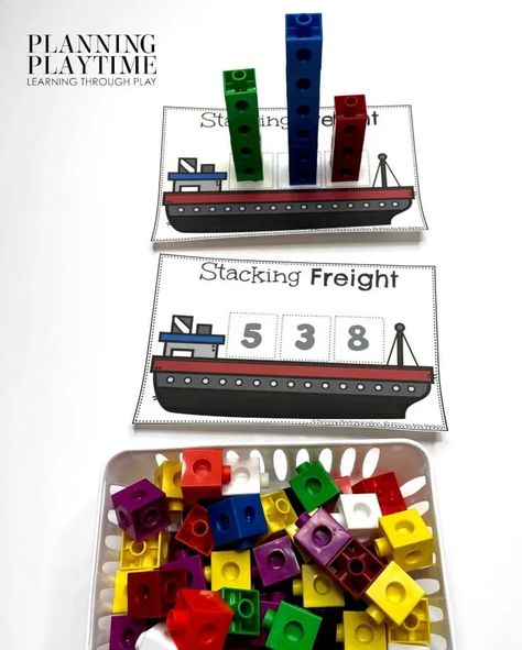 Stack & Count the number of Frieght on the Cargo Ship. -Transportation Preschool Theme Kindergarten Transportation Unit, Transportation Preschool Theme, Air Transportation Preschool, Transportation Science, Kindergarten Transportation, Transportation Preschool Activities, Transportation Theme Preschool, Preschool Theme Activities, Transportation Unit