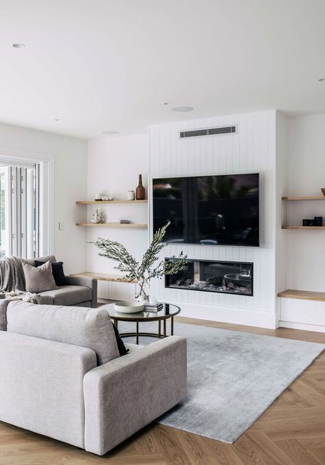 Modern Living Room with VJ Panelling and Floating Shelves Vj Panelling, Gas Fireplace Ideas Living Rooms, Hampton Style Home, Painting A Room, Lounge Room Styling, Fire Wall, Easy Weekend Projects, Living Tv, Living Room Decor Fireplace