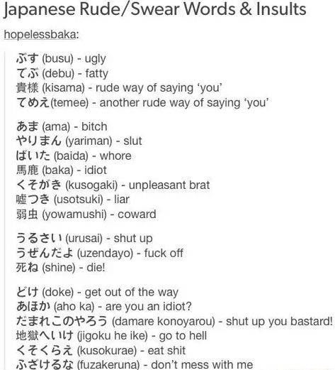 Japanese cuss swear curse words phrases Japanese Curse Words, Words In Different Languages, How To Speak Japanese, Learn Japan, Bahasa Jepun, Materi Bahasa Jepang, Learning Languages Tips, Basic Japanese Words, Japanese Language Lessons