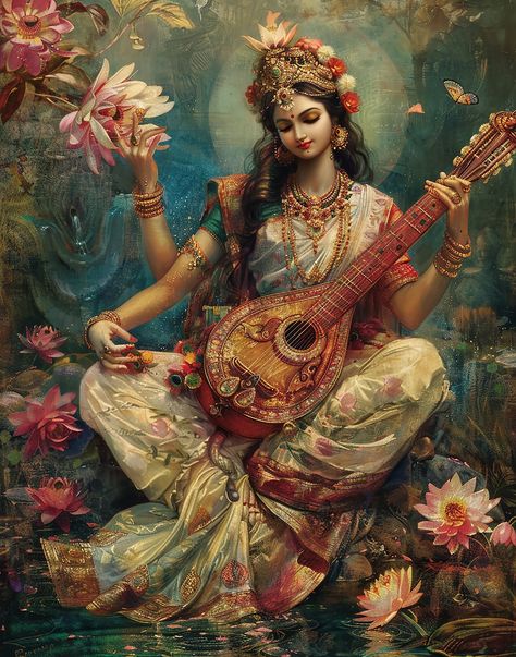 Hindu Goddess Painting, Saraswati Goddess Aesthetic, Hindu Women Art, Maa Saraswati Wallpapers, Hindu Goddess Wallpaper, Hindu Gods Art Painting, Saraswati Goddess Art, Krishna Art Wallpaper, Saraswati Aesthetic