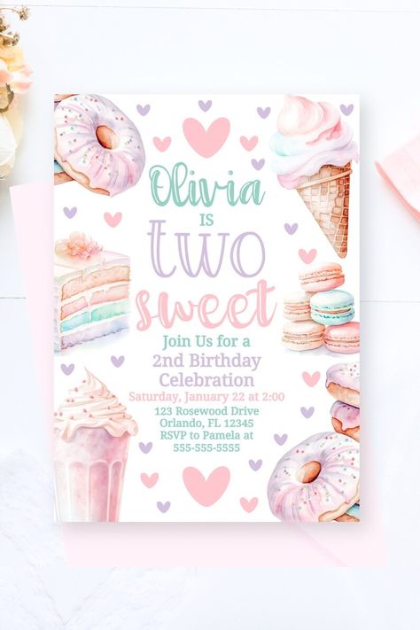 Two Sweet Second Birthday Invite Two Sweet Birthday Party Girls 2nd Birthday Printable Invitation Pastel Party Donut Invite Editable TW1 - Etsy Pastel Two Sweet Birthday, Two Sweet Birthday Party Invitations, Turning Two Birthday Ideas Girl, Two Sweet Birthday Party Ideas, Two Sweet Party 2nd Birthday Cake, 2 Sweet Birthday Theme, Two Sweet Party 2nd Birthday, Two Sweet Theme, Second Birthday Party Ideas