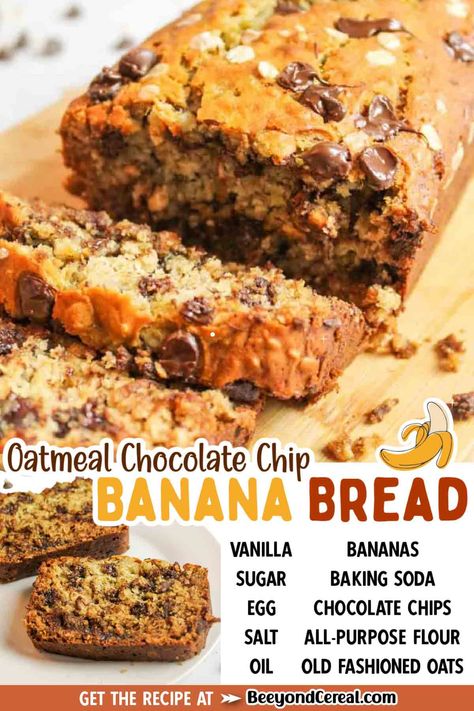 Banana Oat Bread Recipe Easy, Chocolate Oat Banana Bread, Oatmeal Banana Chocolate Chip Bread, Oatmeal Chocolate Banana Bread, Banana Bread With Peanut Butter Chips, Banana Oat Chocolate Chip Bread, Easy Banana Oatmeal Bread, Banana Oatmeal Loaf, Banana Bread Recipe Chocolate Chip Moist