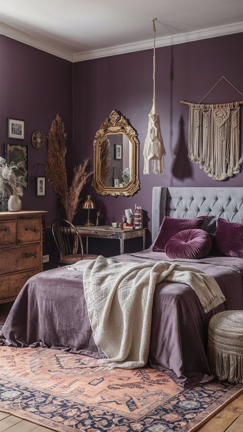 Modern Purple Boho Bedroom Ideas: Statement Walls and Art Grey And Dark Purple Bedroom, Smokey Purple Bedroom, Rust And Purple Bedroom, Purple And Orange Boho Bedroom, Victorian Purple Bedroom, Purple Bedroom Palette, Colorful Boho Bedroom Jewel Tones, Light Purple Walls Bedroom Ideas, Dark Purple Walls Bedroom Ideas