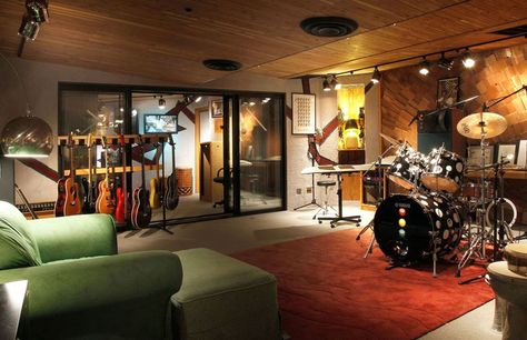 Basement music practice room with guitars keyboard and drum set Basement Music Room, Finished Basement Designs, Ruangan Studio, Music Room Design, Drum Room, Home Music Rooms, Basement Layout, Guitar Room, Diy Basement