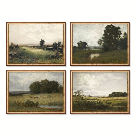 Classic Landscape Paintings, French Wall Decor, Horizontal Art, Vintage Gallery, Landscape Art Prints, Nordic Print, Country Landscape, Painting Set, Landscape Poster