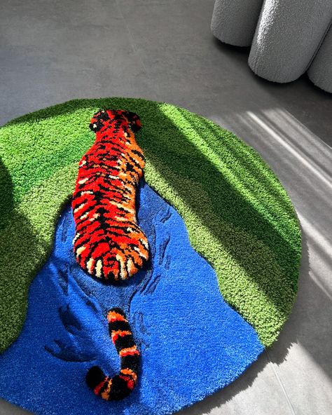 Tiger in the pond 🍃🐅 Our own design with 3 kings of pile ✂️ Available for purchase 🛒 link in bio . . #tigertattoo #customrug #homedecor #flooring #rug #nature #tuftedart #ruglife #homedesign #naturelovers #decorating #carpet #tufting #homedecoration #bohodecor #vintagerug #modernrug #tigers #rugshopping #tiger Tiger Tufted Rug, Pond Rug, Carpet Tufting, Tufting Art, Tufting Ideas, Tufting Diy, Calming Interiors, Rug Tufting, 3 Kings