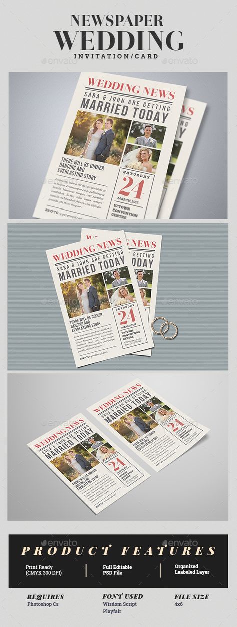 Newspaper Wedding Invitation Template PSD. Download here: https://graphicriver.net/item/newspaper-wedding-invitation/17351831?ref=ksioks Newspaper Wedding Invitations, Newspaper Wedding, Retro Wedding Invitations, Wedding Newspaper, Wedding News, Brunch Wedding, Fun Wedding Invitations, Retro Wedding, Wedding Invitation Design