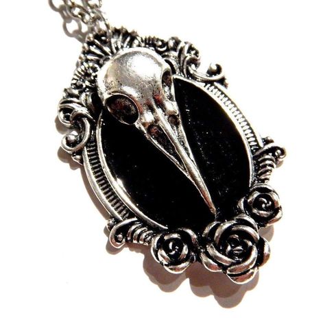 PRICES MAY VARY. antiqued silver pendant by regal rock, of bezel frame with roses surrounding black enamel pool. has figural bird skull perched above it. on adjustable 28 to 30" chain. pendant about 2" by 1.25". Roses Gothic, Crow Skull, Gothic Pendant, Raven Skull, Bird Skull, Rose Pendant, Cameo Necklace, Skull Necklace, Skull Pendant