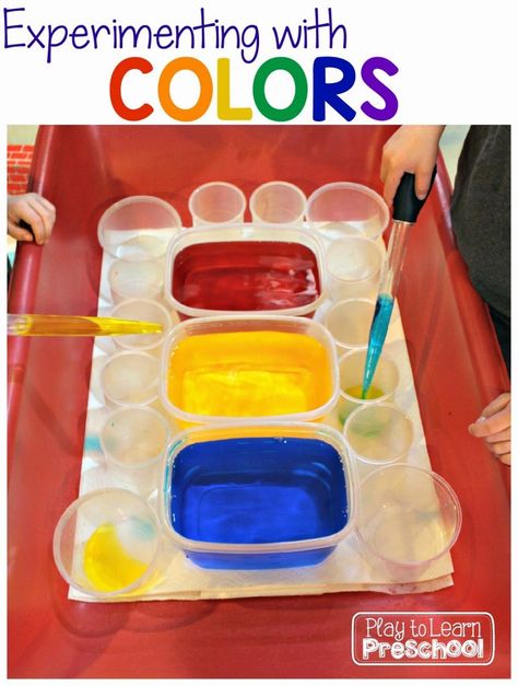 Mixing colors and exploring color theory is a learning activity that never gets old. It is simple enough for preschoolers and exciting enough for older kids. To set up this invitation to play, I provided bowls of primary colored water (red, yellow and blue), empty ice cube trays and small plastic eye droppers.  We have... Read More » Vetenskapliga Experiment, Pre-k Science, Color Unit, Preschool Colors, Kids Painting, Invitation To Play, Kindergarten Science, Aktivitas Montessori, Preschool Science