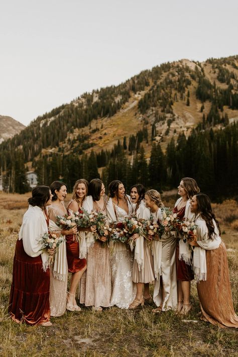 Winter Wedding Mix And Match Bridesmaids, Outdoor Wedding Bridesmaid Dresses, Mismatched Bridal Party, Mismatched Bridesmaids Dresses, Christmas Bridesmaids, Ski Wedding, Fall Bridesmaids, Bridesmaid Shawl, Bride And Bridesmaids