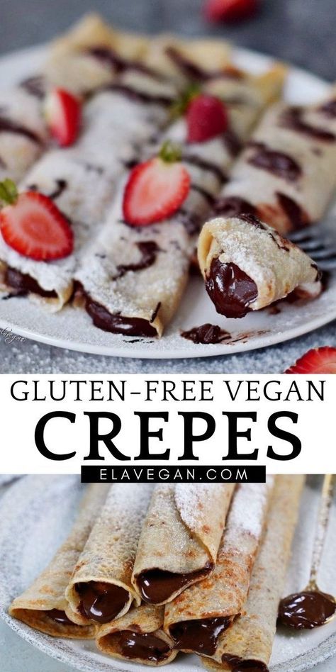 Gluten Free Crepes Recipe, Vegan Crepes Recipe, Ella Vegan, Vegan Gluten Free Breakfast, Vegan Crepes, Gluten Free Crepes, Easy Crepe Recipe, Coconut Dessert, Gluten Free Egg Free