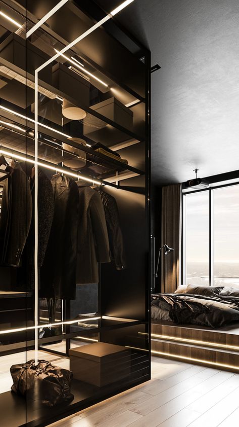 Apartment Silver park - Dezign Ark (Beta) Zimmer Diy, Luxury Closets Design, Clothes Hanging, Dark House, Bedroom Closet Design, Luxury Bedroom Master, غرفة ملابس, Dark Interiors, Parking Design