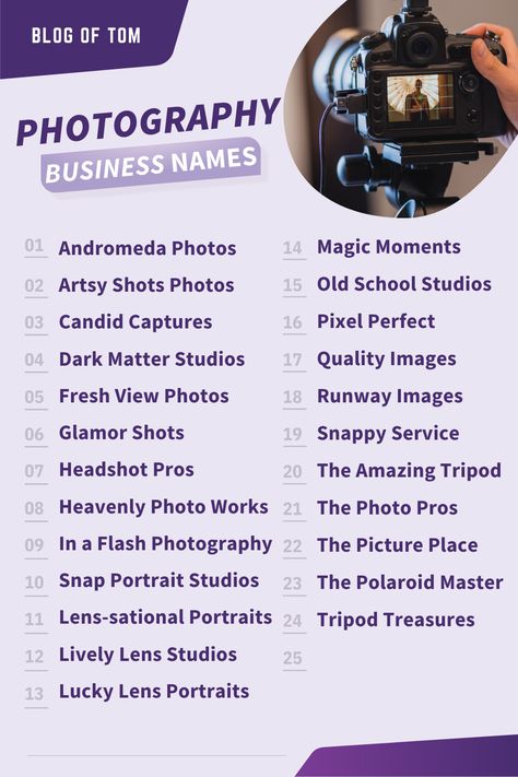 As with naming any business, naming a photography business can be a stressful endeavor. There is a lot at stake with a business’s name, as a name that is too vague, too long, or altogether wrong will potentially drive away business. But not to worry – our ultimate guide to photography business names is sure to inspire you. Search our extensive list of photography business name ideas that suit all types of shutterbugs. #photographybusinessnames #photographycompanynames #businessnames Photography Business Names Creative, Photographer Names Ideas For Instagram, Instagram Photography Page Name Ideas, Wedding Photography Names Ideas, Photography Studio Names Ideas, Photography Account Names, Photo Studio Names Ideas, Names For Photography Page On Instagram, Photography Name Ideas Creative