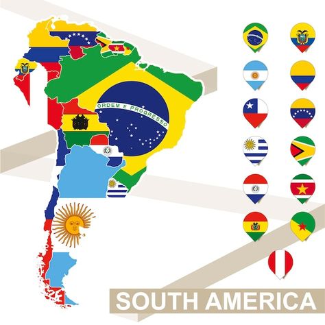 Mapa da américa do sul com bandeiras, ma... | Premium Vector #Freepik #vector #continente-americano #mapa-mundo #mapa-continentes #continentes South America History, Country Facts, America Latina, Relief Map, Easy Learning, Creative Challenge, South America, Royalty Free Images, Nasa