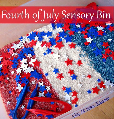 Fourth of July Sensory Bin - Stay At Home Educator Usa Sensory Bin, July Sensory Bin Ideas, Red White And Blue Sensory Bin, Usa Preschool Activities, America Activities For Preschool, 4th Of July Sensory Bin, July Sensory Bin, Star Sensory, Sensory Tables