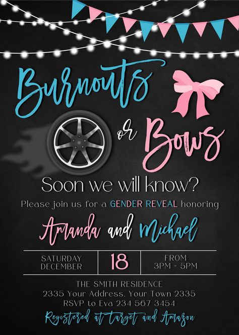 Burnouts Or Bows Gender Reveal Invitations, Tires Or Bows Gender Reveal, Gender Reveal Ideas Car Exhaust, Car Guy Gender Reveal, Motorcycle Burnout Gender Reveal, Car Related Gender Reveal, Gender Reveal Race Car Ideas, Cars Gender Reveal Ideas, Cars Gender Reveal