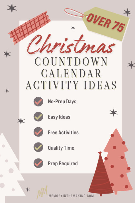 Over 75 Christmas Countdown Calendar Activity Ideas including no-prep days, easy ideas, free activities, quality time and ones that require advance prep. Experience Advent Calendar, Kids Countdown To Christmas, Christmas Activity Countdown, Couples Advent Calendar Activities, Family Activity Advent Calendar, Advent Countdown For Kids, Christmas Traditions For Teens, Advent Calendar Activities For Couples, Christmas Traditions With Teens