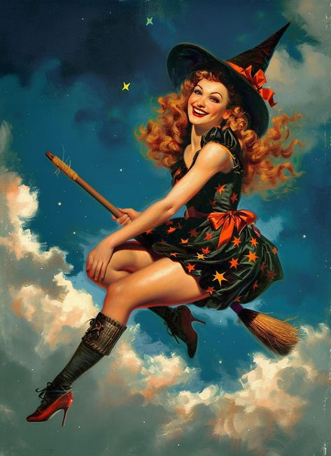 A witchy beauty riding her broom.  Can be printed in different sizes after digital download Redhead Witch Art, Plus Size Fantasy Art, Witchy Woman Aesthetic, Happy Witches, 70s Witch, Halloween Pinups, Halloween Witch Illustration, Witchy Beauty, Cute Occult