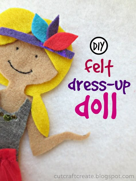 DIY felt dress up doll.  Tons of outfit, accessory and hair ideas!  Includes link to template. #cutcraftcreate Felt Paper Dolls Pattern Free, Felt Dress Up Doll, Baby Accessories Diy, Diy With Kids, Felt Dress, Felt Doll Patterns, Baby Mobil, Boy Dress, Felt Stories