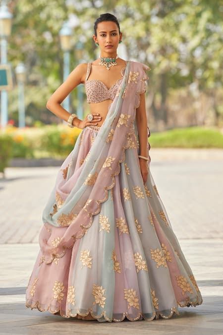 Buy Pink Lehenga And Dupatta Organza Hand Embroidered Sequin Blouse Set For Women by Vvani by Vani Vats Online at Aza Fashions. Light Lehenga Designs, Dress For Sangeet Function, Pastel Indian Outfits, Indian Wedding Outfits Guest For Women, Sangeet Gown, Ghagra Design, Lengha Dress, Culture Outfits, Dupatta Draping