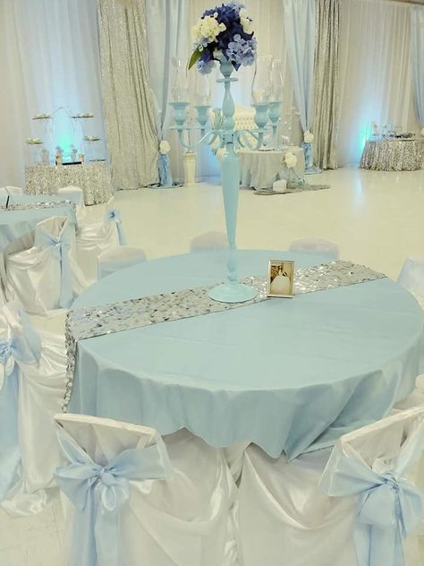 Cinderella Quinceañera Party Ideas | Photo 2 of 11 | Catch My Party Blue And Silver Debut Theme, Quince Decorations Light Blue And Silver, Quinceanera Decorations Light Blue, Quince Venue Ideas Light Blue, Cinderella Quinceanera Table Decorations, Ice Blue Quinceanera Decorations, Light Blue And Silver Party Decorations, Light Blue And Silver Sweet 16, Light Blue Quinceanera Venue Ideas