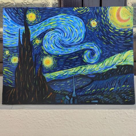 Starry night✨ Really wanted to try out this masterpiece and finally did it... Well there isn't much perfection but still had fun doing this🙂!! . . . #starrynight #vincentvangogh #painting #fyp #aesthetic #art Starry Night Drawing Easy, Stary Nights Paintings, How To Paint Starry Night, Easy Starry Night Painting, Starry Night Easy, Starry Night Drawing, Aesthetic Painting Ideas Easy, Masterpieces Painting, Starry Night Art