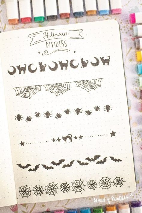 These Halloween bullet journal dividers are perfect for adding a spooky touch to your bujo. You can print the bullet journal divider page to practice drawing these doodles or simply copy the idea! Halloween Journaling Ideas, Spooky Journal Pages, October Dot Journal, Halloween Borders Bullet Journal, Halloween Bujo Cover, Halloween Calendar Ideas Whiteboard, Halloween Bulletin Journal Ideas, October Dot Journal Ideas, Halloween Bujo Ideas