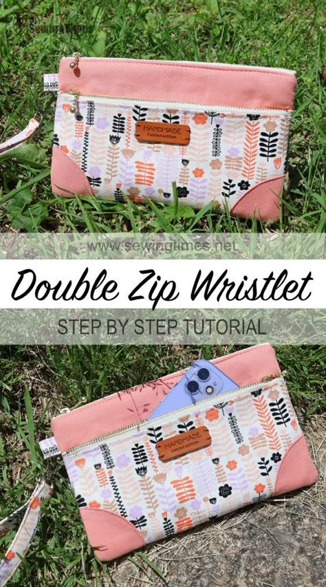 DIY Double Zip Wristlet 🎈Stylish Edges Clutch Bag Tutorial Diy Purse Strap Ideas, Wristlet Diy, Sew Clutch, Wristlet Ideas, Clutch Bag Tutorial, Diy Clutch Bag, Diy Pouch No Zipper, Wristlet Patterns, Diy Pouch