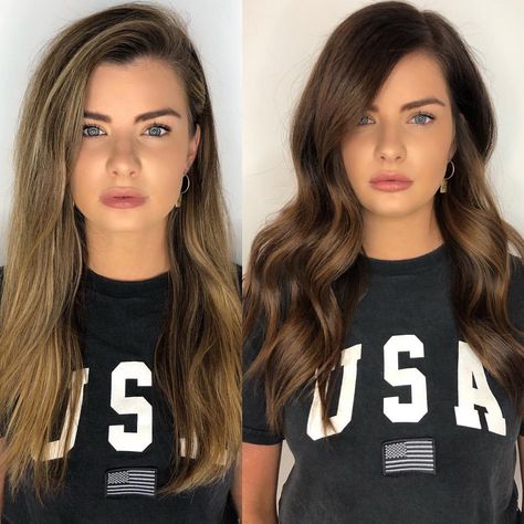 BEFORE & AFTER HAIR TRANSFORMATION 🔥🔥🔥 Bronde to brunette !! How HOT is this colour and @annalongson_ 🙌🏻 Comment below if you would like to… Dark Brown To Light Brown Before And After, Brown Vs Blonde Hair Before And After, Dark Blonde To Brown Before And After, Toning Brown Hair Before And After, Hair Colour Before And After, Gloss Before And After Hair, Light To Dark Hair Before And After, Hair Color Before And After, Lowlights Before And After