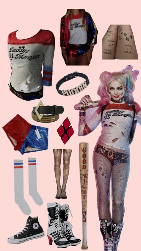 margot robbie’s harley quinn costume in the original ss squad movie Harly Quinn Cosplay, Harley Quinn Costume Diy, Harley Quinn Disfraz, Harley Costume, Basic Halloween Costumes, Harley Quinn Halloween Costume, Monster Costume, Harley Quinn Halloween, Joker Costume