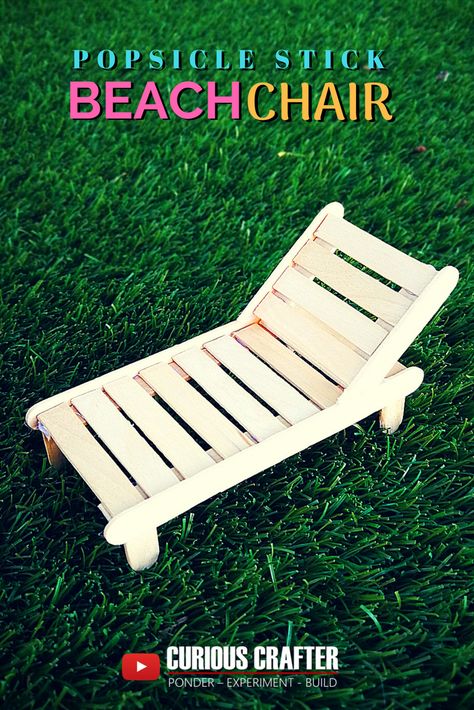 Popsicle stick beach chair or lounger. Step-by-step guide to creating popsicle stick beach chair or lounger perfect for a dollhouse or scaled model.   #popsicle #popsiclestick #icecreamstick #dollfurniture #furniture #stick #chair #lounger #dollhouse #craft #diy #wood #handmade #popsiclestickchair #curiouscrafter #craftideas #craftprojects #kidstoys #diykidstoys #diytoys #handmade #toys Popsicle Stick Barbie Furniture Diy, Popsicle Stick Beach Chair, Popsicle Stick Miniatures, Popsicle Stick Doll Furniture, Nuimos Diy, Popstick Craft Diy, Popsicle Stick Furniture, Stick Chair, Popsicle Stick Crafts House