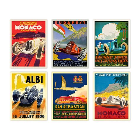 PRICES MAY VARY. ✔️ 6 HIGH QUALITY GICLÉE PRINTS- Printed on premium luster paper using specially formulated Archival Pigment inks that increase fade resistance and really capture the detail of the print. 🏎️ CLASSIC VINTAGE CAR DECOR - Promotional posters for the Monaco, Hungarian, French and Spanish Grand Prixs of the 20s, 30s and 50s, some of the world’s most iconic races, excellent for adding a retro look to a bedroom or home office. 🎁 IDEAL GIFT- for the racing or classical car enthusiast Vintage Car Decor, Grand Prix Art, Grand Prix Posters, Juan Les Pins, F1 Poster, Racing Art, Racing Posters, Monaco Grand Prix, Vintage Race Car