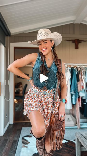 TX 🌵 C A R A || Western Fashion on Instagram: "YES summer fit! Details below! ☀️🌼  ✨perfect for spring + summer western events✨  WHERE TO WEAR: country concert, line dancing, wine tasting, rodeo!   ➡️ Comment “LINKS + a summer emoji” and I’ll send straight to your messages 🫶🏻 I’ll do my best to respond to everyone - links are all saved to “OUTFITS” highlight!   Skirt: xs // Boots: 6.5 // Vest: xs   MY TRUE SIZES: 5’5” // top- xs,s // jeans- 25 // shoe- 7   ☀️Hat: @americanhatco  🌼Belt: @ariatinternational  ☀️Vest: @zara  🌼Boots: @ariatinternational  ☀️Socks: @luckychuckbrand  🌼Cuff: @kendrascott   #westernstyle #westernfashion #westernoutfits #cowgirlstyle #cowgirlchic #cowgirlfashion #cowgirlboots #countryconcert #rodeofashion #countryconcertoutfit" Western Skirt Outfits, Vaqueras Outfit, Outfits With Vest, Summer Country Concert Outfit, Country Western Outfits, Western Vest, Zara Boots, Rodeo Fashion, Country Concert Outfit