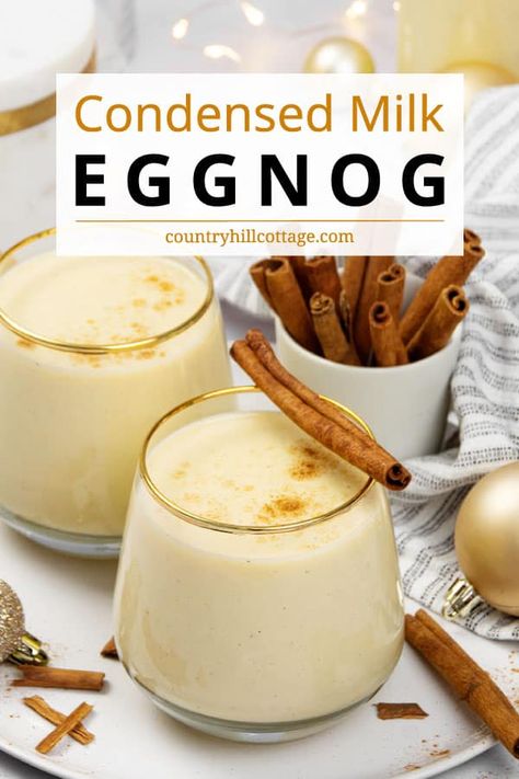 See how to make eggnog with sweetened condensed milk. Condensed milk eggnog is the ultimate holiday indulgence! This easy homemade eggnog recipe uses sweetened condensed milk and is perfectly spiced with cinnamon, vanilla, and nutmeg. This non-alcoholic Christmas drink is perfect for the whole family to enjoy. The recipe is close to traditional eggnog recipes and needs just 6 ingredients 15 min prep. Includes variations for chocolate, pumpkin spice, and caramel nog. | CountryHillCottage.com Virgin Eggnog Recipe, Egg Nog Recipe Easy, Best Eggnog Recipe, Alcoholic Eggnog, Eggnog Drinks, Eggnog Recipe Homemade, Easy Eggnog, Homemade Eggnog, Drink Recipes Nonalcoholic