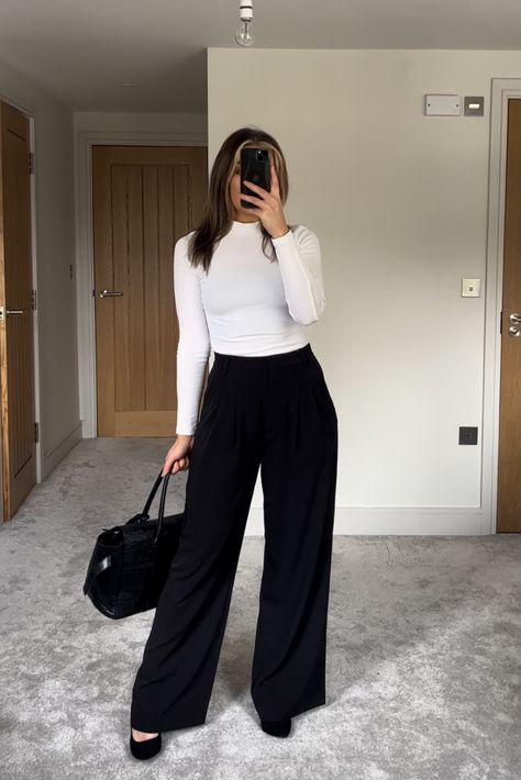 White Top Black Trousers Outfit, Sixthform Outfits Trousers, Sixth Form Outfits Smart Trousers, Wife Leg Trousers Outfit, Black Smart Trousers Outfit, Interview Outfit Black Pants, Black Wide Leg Dress Pants Outfit, Black Wide Legged Pants Outfit, Formal Trousers Outfit