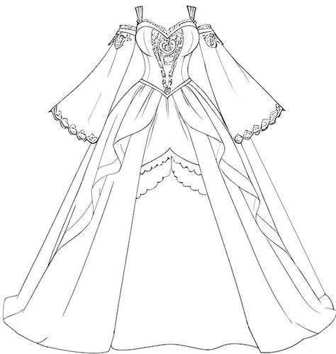 Quinceanera Dresses Drawing, Fashion Sketches Dresses Gowns, Medieval Dress Drawing, Dress Illustration Design, Dress Drawing Easy, Dress Coloring Pages, Dress Outline, Gown Drawing, Ancient Dress