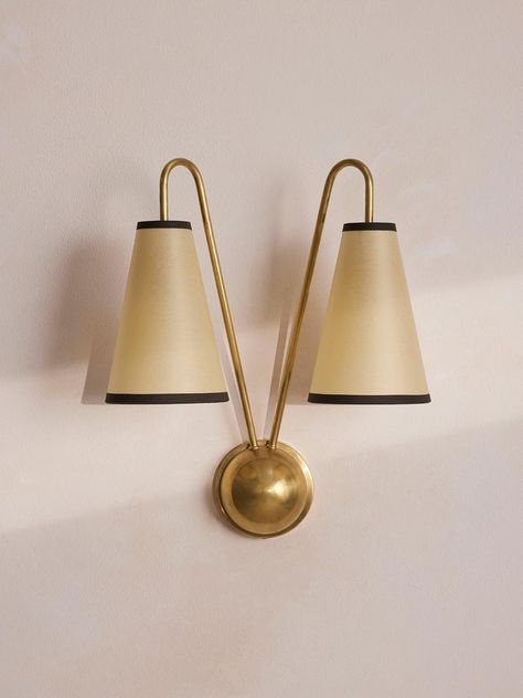 This dual-shade wall sconce has been designed in-house and crafted from blackened brass. The Clarke wall sconce's classic silhouette is inspired by Soho House Paris's 19th-century building. Coned parchment shades are trimmed with linen to let the light glow through. Soho Home Clarke Wall Light, Antiqued Brass, Us Wall Lights Indoor, Blackened Brass, Shade Wall, Wall Scones, Cottage Renovation, Soho Home, Bathroom Sconces, House Viewing, Hallway Lighting