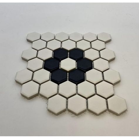 The Cascade 1" Black & White Pattern Hexagon is a porcelain mosaic tile that is mounted on a 10 x 12 mesh-backed sheet.  Each sheet is approximately .92 square feet.  This tile is made up of individual white and black  1" hexagons. Porcelain Mosaic Tile, Flooring Store, Mosaic Flooring, Black White Pattern, Porcelain Mosaic, Floor And Wall Tile, Floor Tiles, Mosaic Tile, Wall Tile