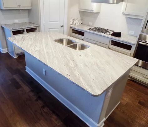 Thunder White Granite Kitchen, Thunder White Granite Countertops, River White Granite Countertops, Thunder White Granite, White Granite Countertops Kitchen, Countertop Granite, River White Granite, White Granite Colors, White Granite Kitchen