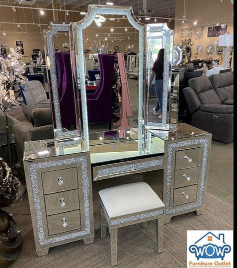 Glitter Vanity, Boujee Vanity, Sparkly Bed Frame, Diamond Vanity, Sparkly Bedroom, Mcbling Vanity, Room Inspiration Aesthetic, Rhinestone Vanity Mirror, Silver Vanity