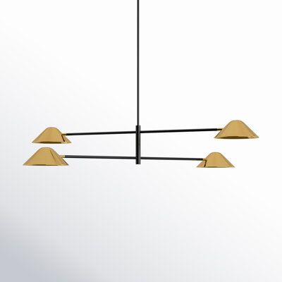 This 4-light chandelier brings a mid-century design and a minimal silhouette to your living space. With adjustable arms and rotating shades, you can customize the lighting to suit your needs and preferences. The iron fixture and shade showcase a mix of antique brass and black finishes, creating a stylish focal point and plenty of contrast. Each shade aims the light from a single 40W bulb (not included), instantly illuminating your kitchen island or living room. Plus, it's dimmable so you can set Light Fixture For Vaulted Ceiling, Mid Century Modern Lighting Chandeliers, Mid Century Kitchen Lighting, Coastal Mid Century Modern, Low Ceiling Chandelier, Linear Light Fixture, Lighting Mood, Dining Room Chandelier Modern, Modern Linear Chandelier